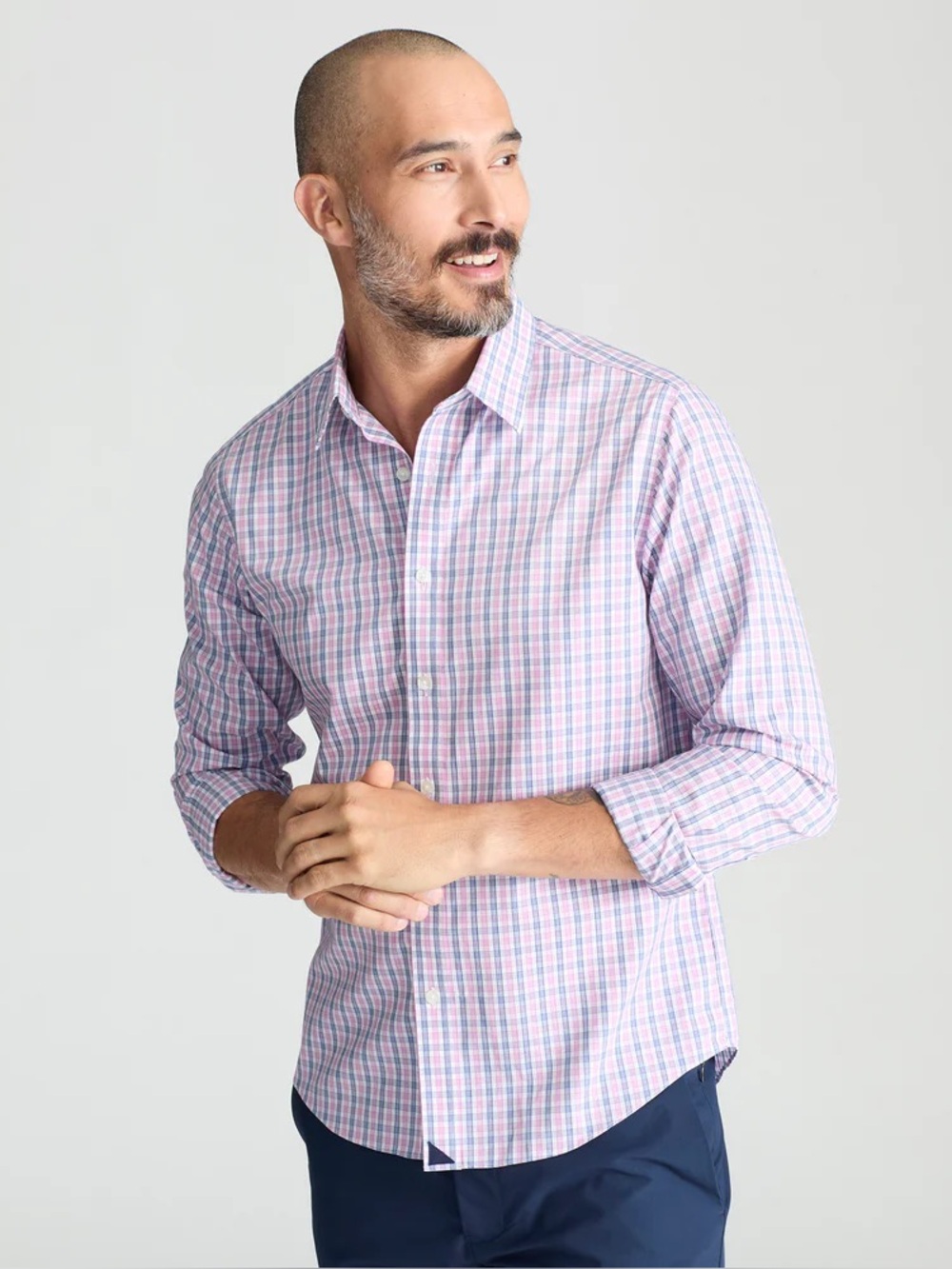 UNTUCKit Navy and Pink Plaid longsleeve button up